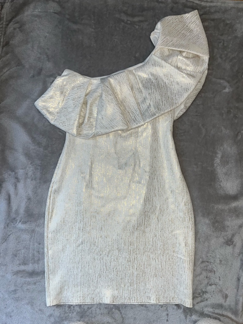 One-Shoulder Metallic Ruffle Dress - Gold